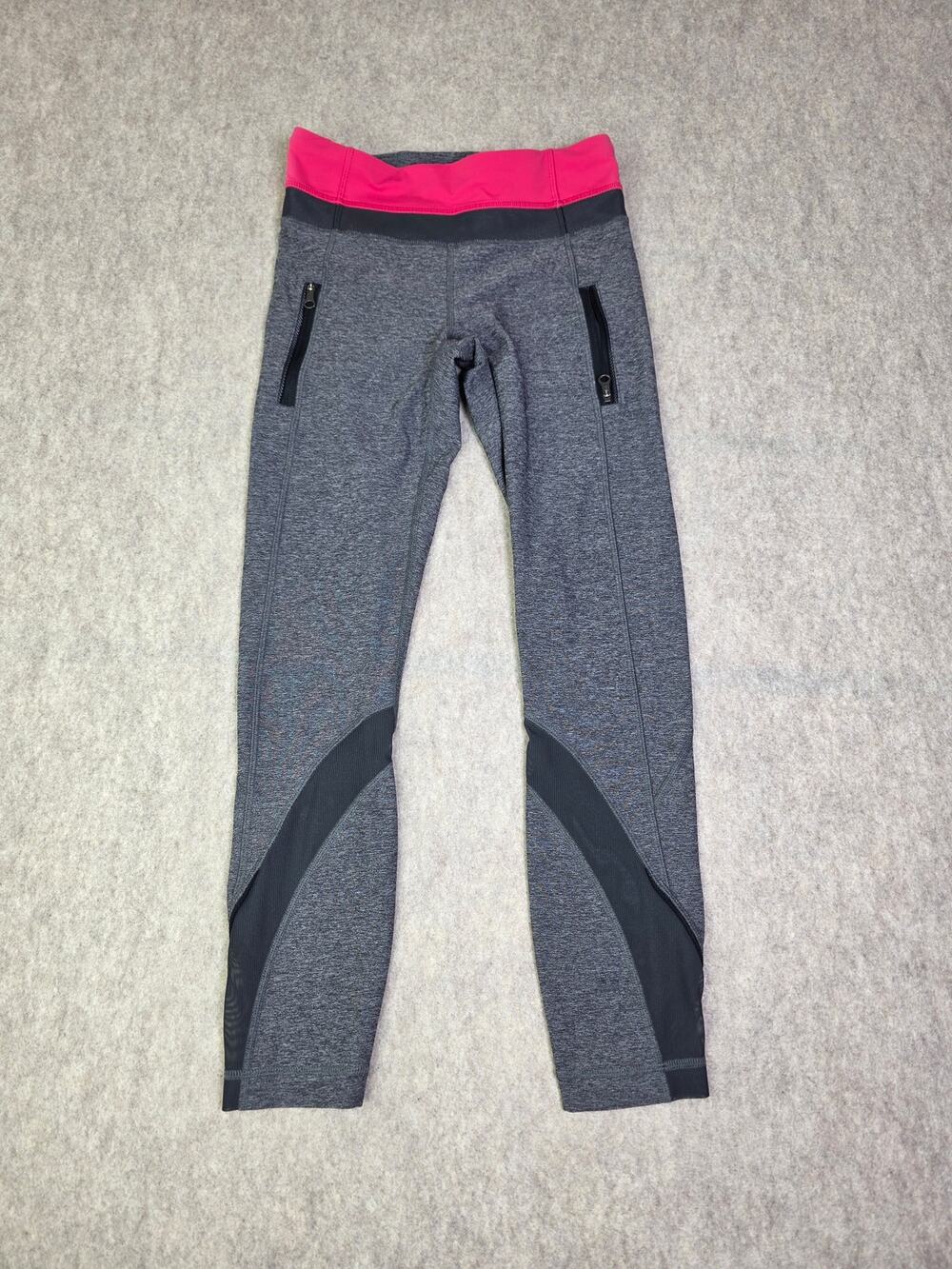 Lululemon Athletica Run Inspire Crop Leggings  Gray Pink Mesh Zipper Pockets